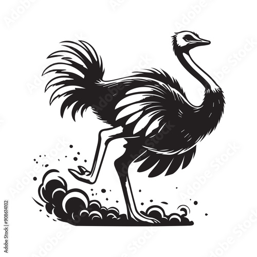 Ostrich Clipart, Struthio Bird Outline Design,  Common ostrich silhouette, Flightless bird illustration in black and white