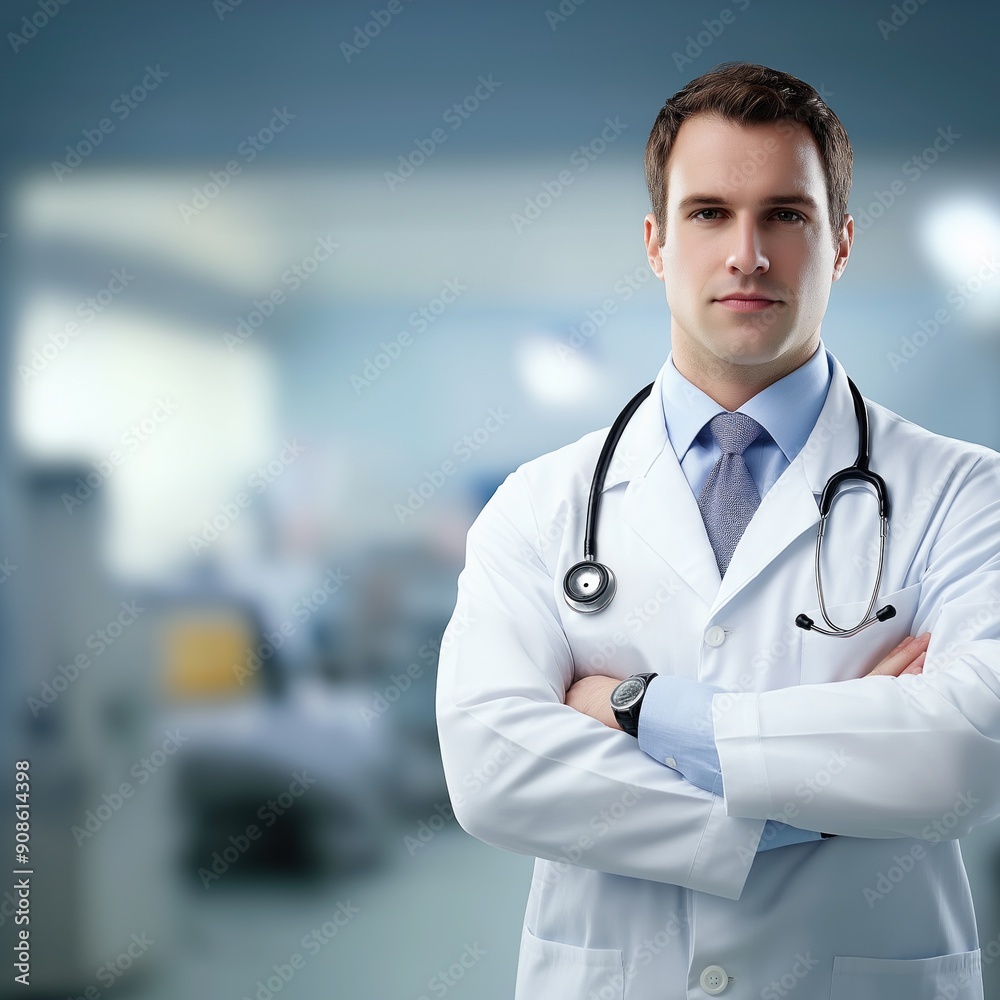 A male doctor stands in a hospital setting wearing a white uniform and holding a stethoscope. He is surrounded by medical equipment, possibly in a pediatric ward.