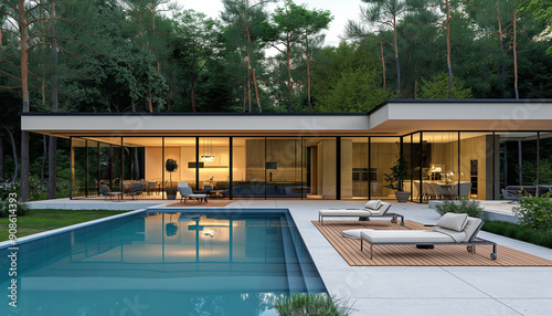 
Perspective modern house with terrace, swimming pool on green forest view background. Minimal architecture design with chaise longue. Luxury facade and large panoramic windows. 3D rendering exterior. photo