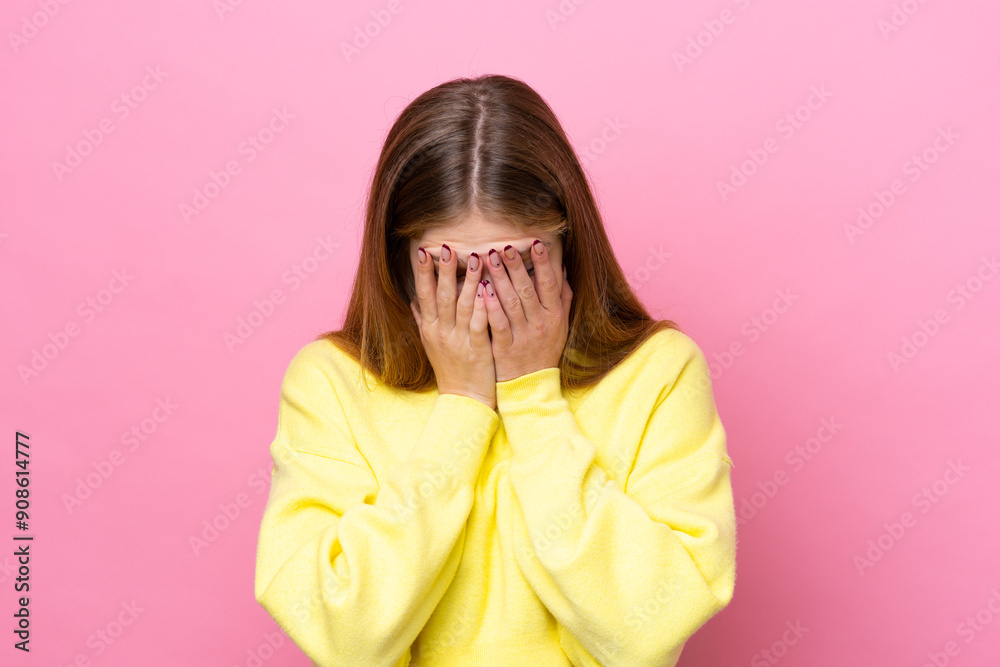 Teenager Russian girl isolated on pink background with tired and sick expression