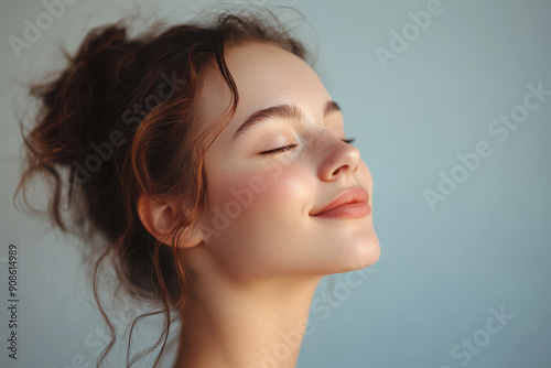 A close up of a girl's face with her eyes closed