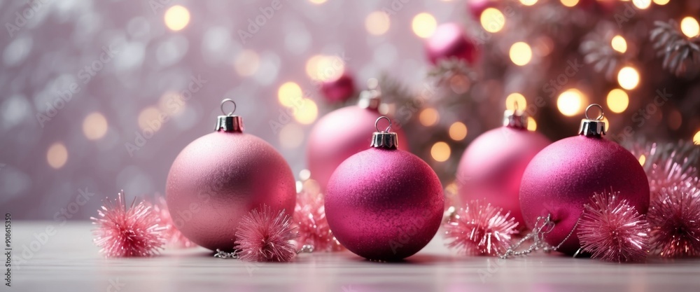 Three pink Christmas tree balls and a star in a white garland of tinsel Toys for Christmas and New Year on a light background.