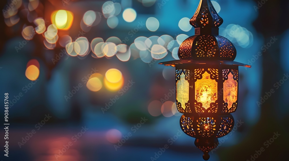 Ornate Lantern with Warm Glow Against a Blurred Cityscape Ornate Lantern with Warm Glow Against a Blurred Cityscape