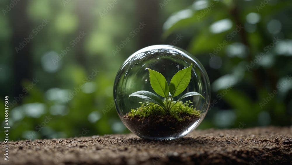 Glass sphere with green plant inside on nature background Ecology concept. Glass sphere with green plant inside on nature background Ecology concept.
