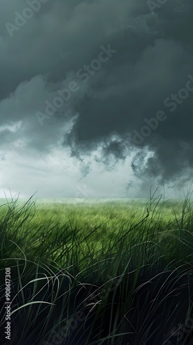 Dramatic and Ominous Stormy Landscape with Dark Clouds Looming Over a Lush Grassy Field in a Serene Rural Countryside Scene Digital Painting with Tones