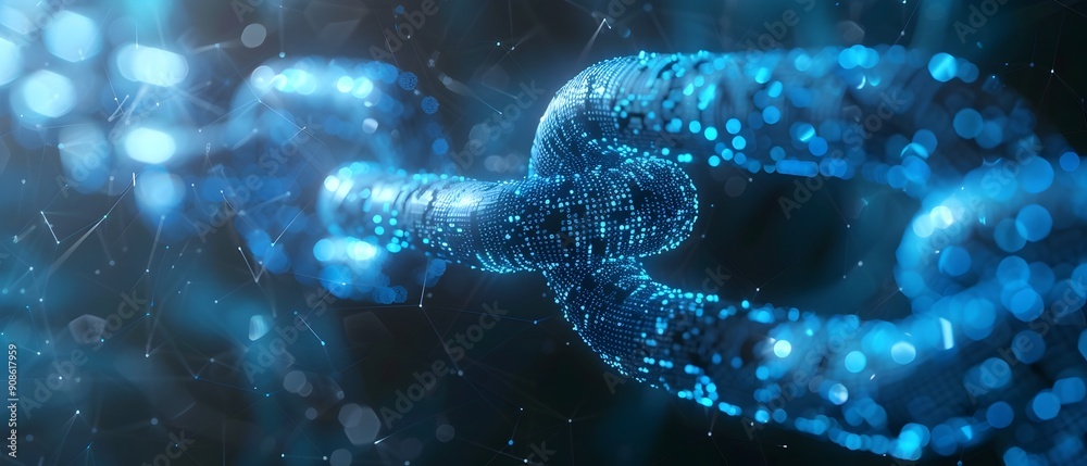 Blockchain network symbolizing the connection of global businesses and decentralized economy  Futuristic technology concept with blue neon lighting and abstract patterns