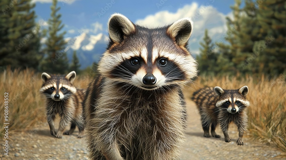 Three cute raccoons on a forest path, showcasing their playful nature amidst a beautiful scenic backdrop. Three cute raccoons on a forest path, showcasing their playful nature amidst a beautiful scenic backdrop.