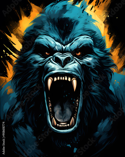 Gorilla headfull aggressive expression lowbrow surrealist illustratration photo