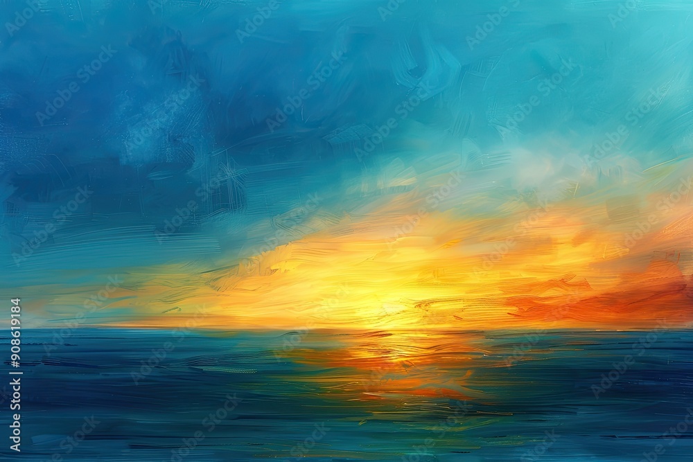 Obraz premium A painting of a sunset over the ocean with a blue sky.