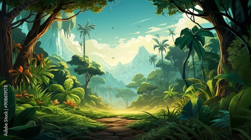 Fototapeta Naklejka Na Ścianę i Meble -  steamy jungle flat design front view, humid rainforest, cartoon drawing, vivid