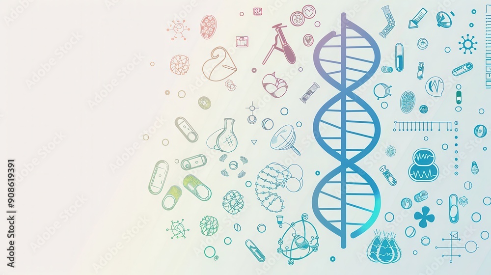 A double helix DNA strand is surrounded by various medical icons, showcasing the connection between genetics and health research in a contemporary lab setting. Generative AI A double helix DNA strand is surrounded by various medical icons, showcasing the connection between genetics and health research in a contemporary lab setting. Generative AI