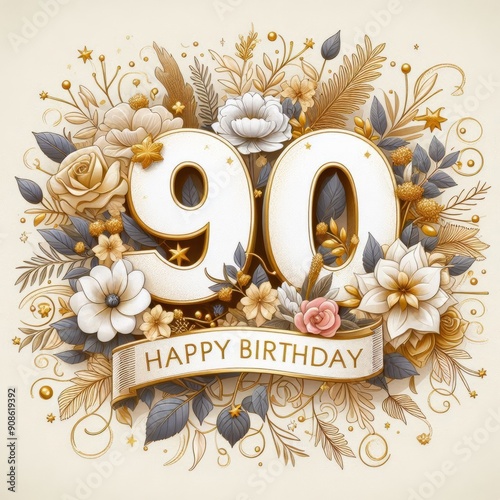 Elegant 90th birthday design with floral motifs in gold and soft pastel colors.