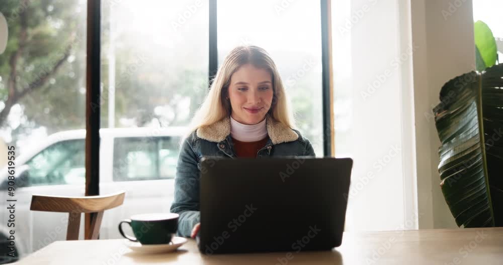 Laptop, coffee and woman in cafe for remote work on creative project with editing for multimedia. Typing, computer and female journalist with freelance career for online news reporting in restaurant. Laptop, coffee and woman in cafe for remote work on creative project with editing for multimedia. Typing, computer and female journalist with freelance career for online news reporting in restaurant.