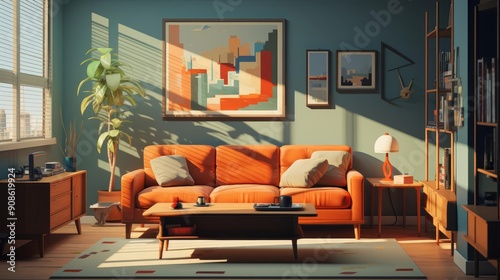 Obraz na płótnie subdued interior flat design side view, muted decor, animation, Splitcomplementary color scheme w salonie