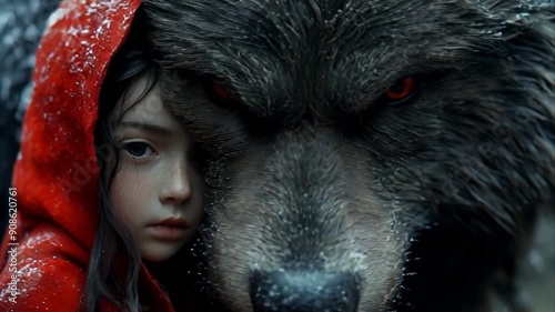 little red riding hood. A little girl in a red hooded cape facing off against the wolf.