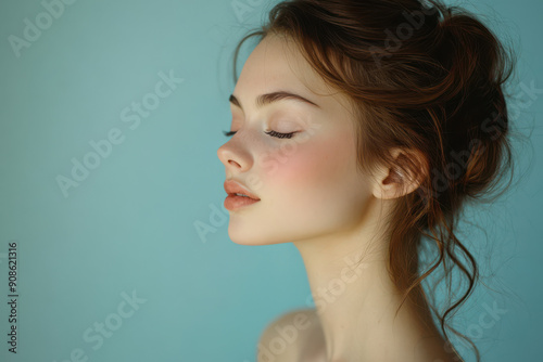 A close up of a girl's face with her eyes closed