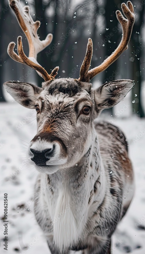 Fototapeta premium A majestic deer with impressive antlers is gracefully standing in the snow