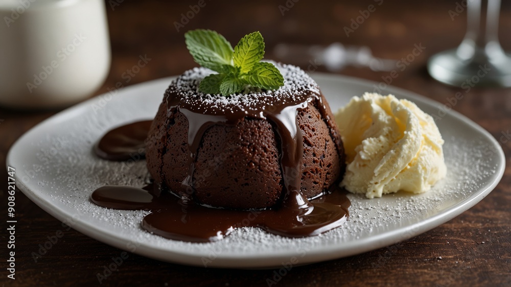 a rich chocolate lava cake placed on a white ceramic plate a rich chocolate lava cake placed on a white ceramic plate