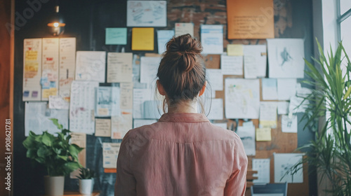 An entrepreneur brainstorming business ideas in a contemporary co-working space 