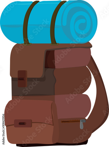 Tourist backpack with rolled sleeping bag. Travel equipment