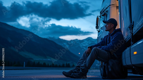 Photography of a truck driver taking a break at a rest stop, with a UHD image capturing the driver relaxing outside their truck and the surrounding environment in high detail 