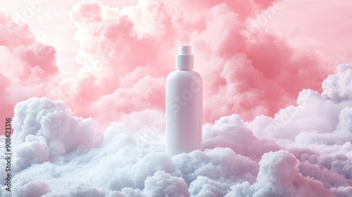 A Bottle of white body wash stands on top of snow, fluffy clouds ,surrounded by clouds and mist,Cosmetic bottle beauty product for skincare or body care,copy space.