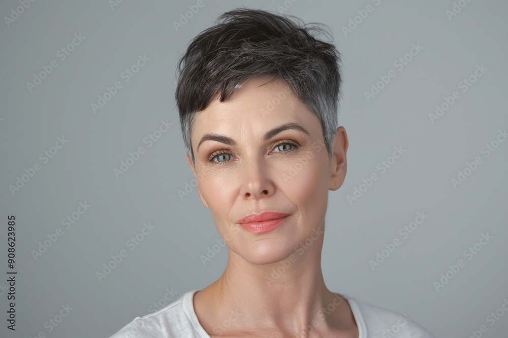 A gorgeous middle-aged woman with a torchon hairstyle and confident smile, on a light gray background. Realistic and elegant A gorgeous middle-aged woman with a torchon hairstyle and confident smile, on a light gray background. Realistic and elegant
