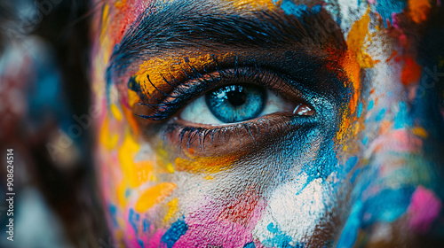 Photography of a close-up of a street artist’s face covered in paint as they work on a mural, with 4K resolution highlighting the artist’s focused expression and the colorful splatters on their 