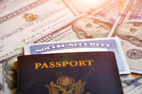 Social Security Card and US Citizen Passport. Documents, money.
