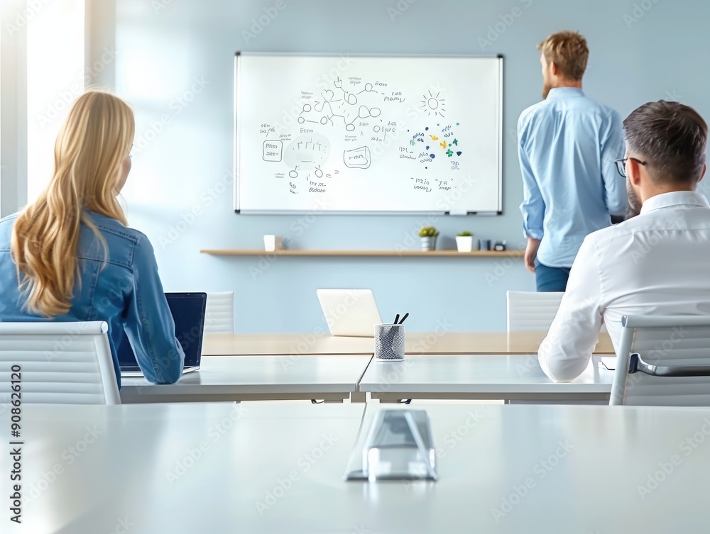 Obraz premium A modern meeting room scene with professionals discussing ideas in front of a whiteboard. Collaborative teamwork in action.