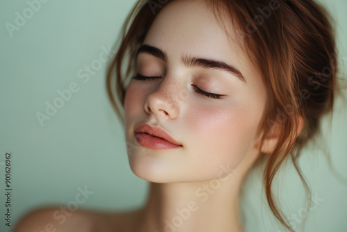 A close up of a girl's face with her eyes closed