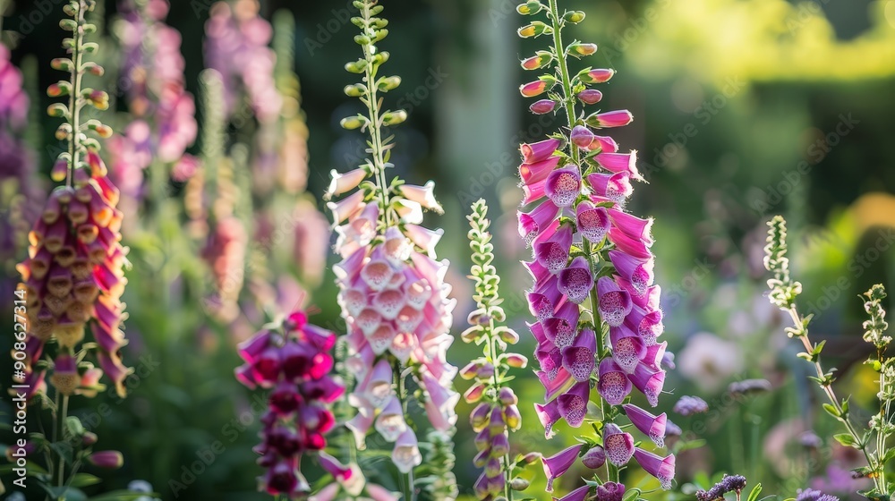 Fototapeta premium Foxgloves, tall spikes of tubular flowers in shades of pink and purple, attracting bees and adding vertical interest to Easter gardens