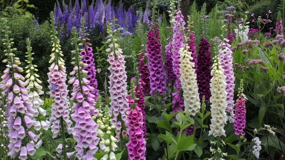 Foxgloves, with their tall spikes of tubular flowers in shades of purple, pink, and white, attracting bees and adding vertical interest to gardens. Foxgloves, with their tall spikes of tubular flowers in shades of purple, pink, and white, attracting bees and adding vertical interest to gardens.