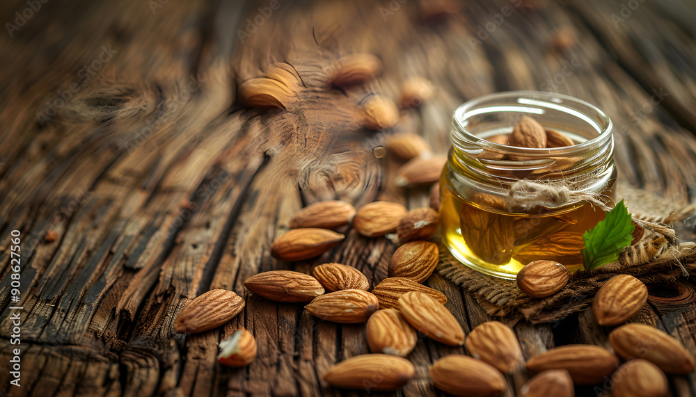 Almond oil in a small jar of almonds and nuts on an old wooden background Almond oil in a small jar of almonds and nuts on an old wooden background