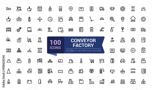 Conveyor Factory icon set. Simple Set of Mass Production Related Vector Line Icons. Minimalist thin linear web ui icon set. Simple editable vector stroke illustration.
