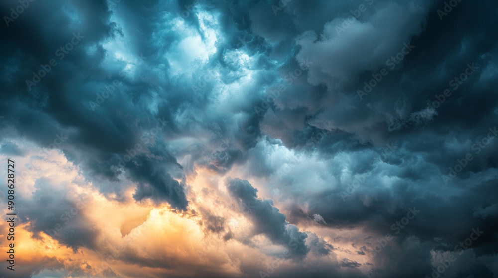 Close-up of a dramatic sky before a storm with dark, brooding clouds and patches of light Close-up of a dramatic sky before a storm with dark, brooding clouds and patches of light