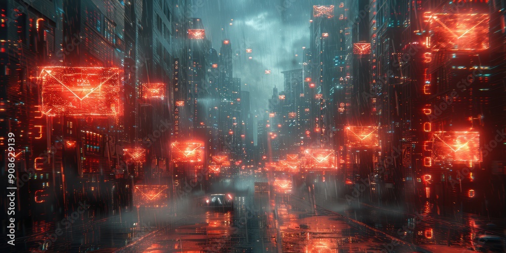 Cyberpunk Cityscape with Glowing Envelopes Cyberpunk Cityscape with Glowing Envelopes