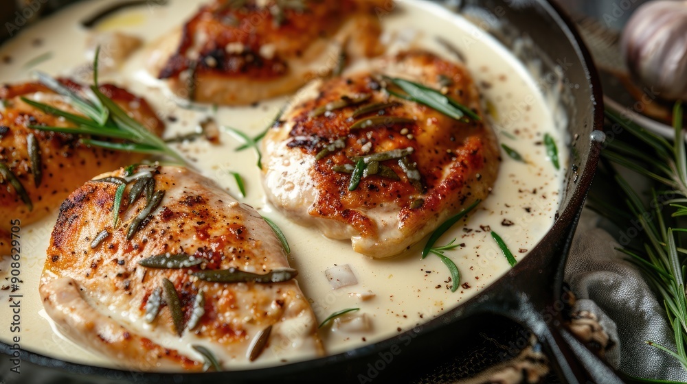 A pan of chicken with herbs and spices is sitting on a table. The chicken is cooked and has a creamy sauce on top