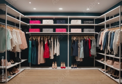 Wallpaper Mural Interior wide shot banner of walk-in closet dressing up room with clothing shelfs and rack hangers Torontodigital.ca