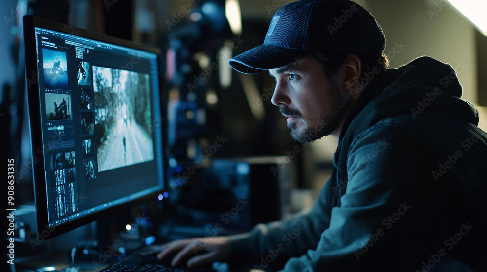 Photography of a director focused on a monitor while reviewing footage, with UHD detail capturing the intense concentration and the high-resolution screen Photography of a director focused on a monitor while reviewing footage, with UHD detail capturing the intense concentration and the high-resolution screen