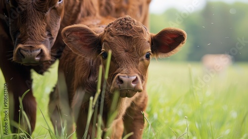 Tender Moment of a Calf with Mother in a Lush Field - Close-up Shot of Newborn Cattle and Cow Bonding in Nature