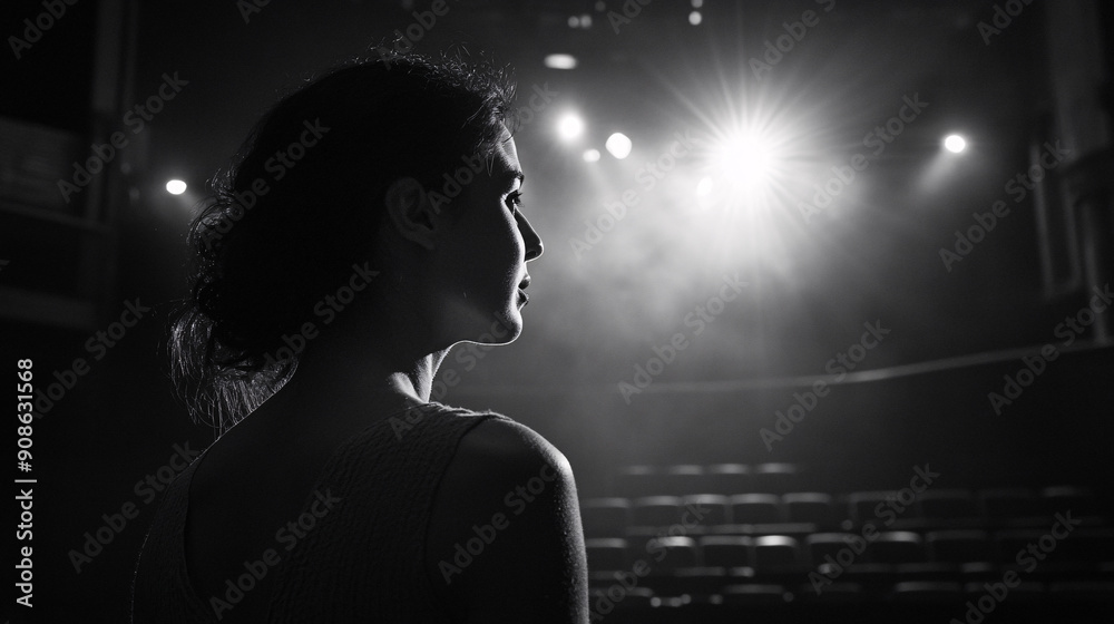 Photography of an actress delivering a monologue in a theater, with high-definition detail capturing the dramatic lighting and the engaging performance Photography of an actress delivering a monologue in a theater, with high-definition detail capturing the dramatic lighting and the engaging performance