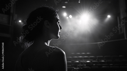 Photography of an actress delivering a monologue in a theater, with high-definition detail capturing the dramatic lighting and the engaging performance  photo