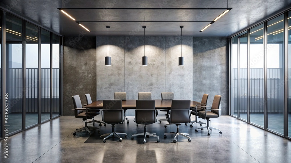 Front view of empty modern conference room with office table and chairs with dark cement wall in glass room, Generative AI Front view of empty modern conference room with office table and chairs with dark cement wall in glass room, Generative AI