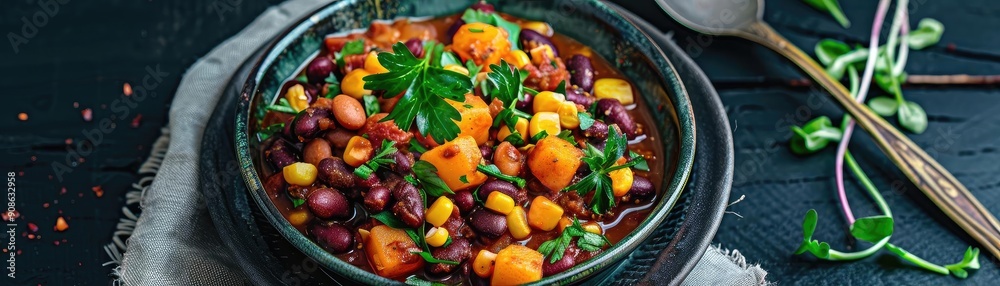 Colorful and nutritious vegetarian chili filled with beans and vegetables, perfect for a healthy meal or comfort food. Colorful and nutritious vegetarian chili filled with beans and vegetables, perfect for a healthy meal or comfort food.