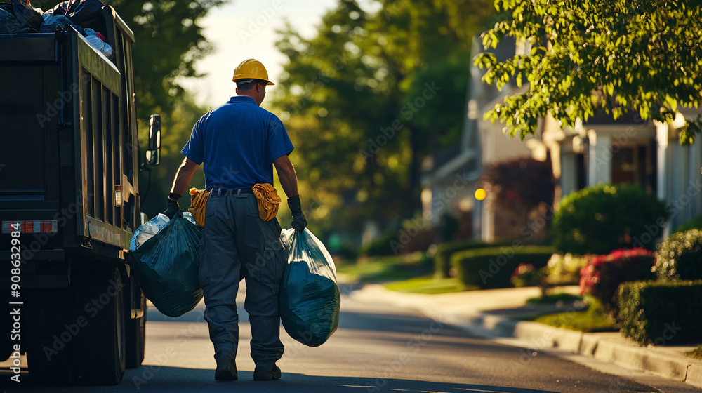 Fototapeta premium Photography of a garbage collector loading bags of trash into a truck on a suburban street, with UHD clarity highlighting the efficient collection and the tidy neighborhood