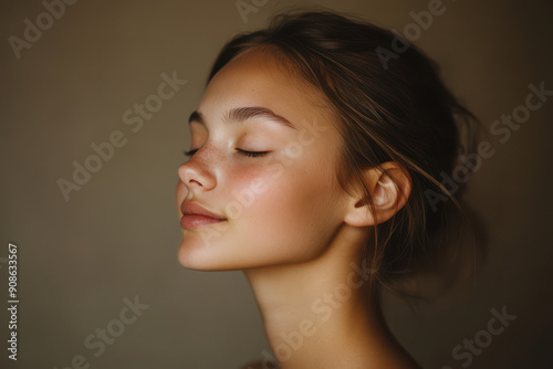 A close up of a girl's face with her eyes closed