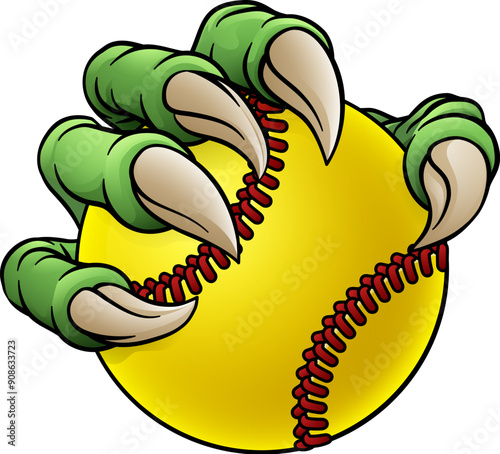 An eagle, dragon or dinosaur monster claw hand holding a softball or baseball ball illustration