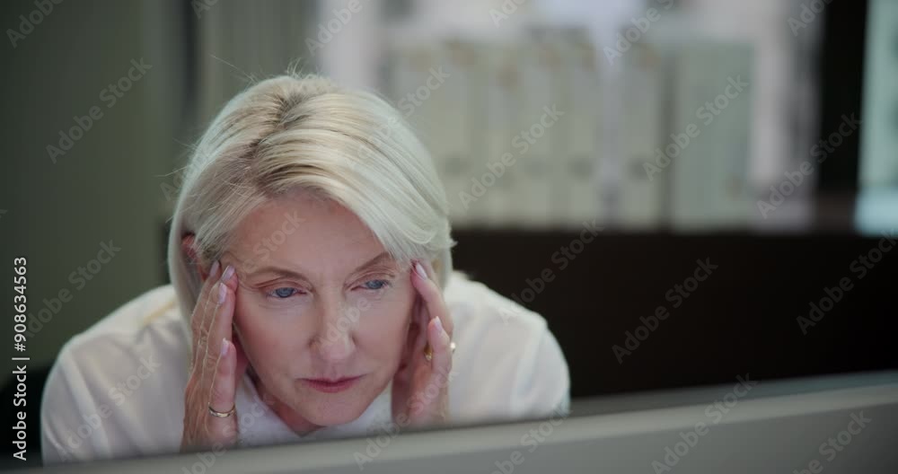 Mature, business woman and corporate with glitch, computer or work for research and employee in office. Female person, technology and stress in project management, admin or progress report in company