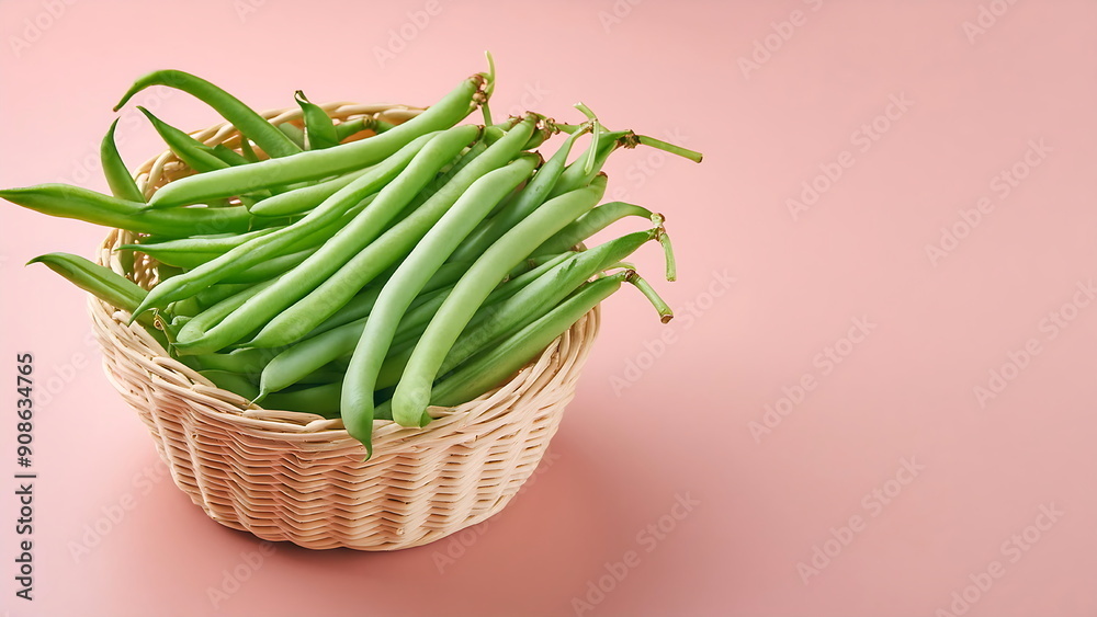 A Wicker Basket Filled with Green Beans on a Pink Background A Wicker Basket Filled with Green Beans on a Pink Background